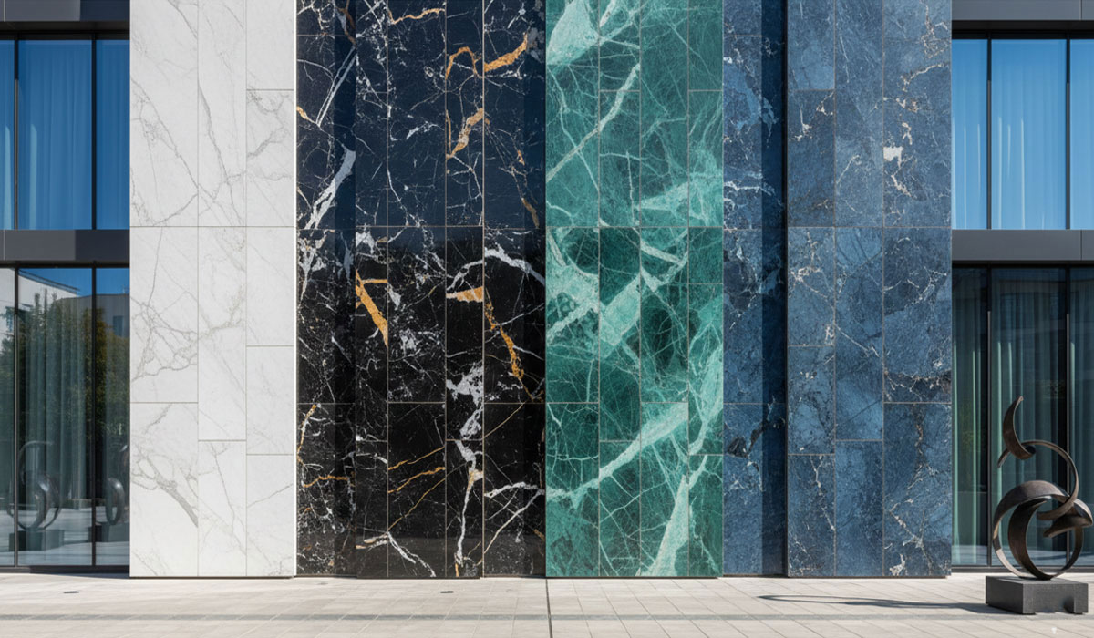 تنوع رنگبندی سنگ مرمر شامل مرمر سبز، آبی، مشکی طلایی