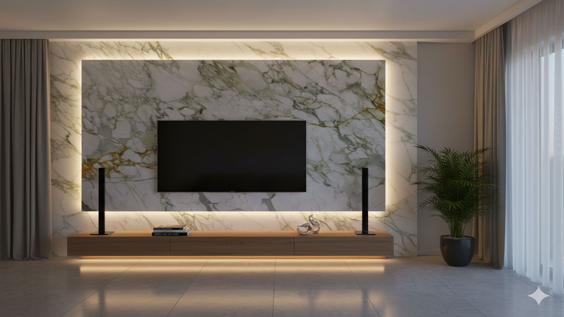 طراحی تی‌وی وال با اسلب سنگ مرمر لوکس و نورپردازی پس‌زمینه